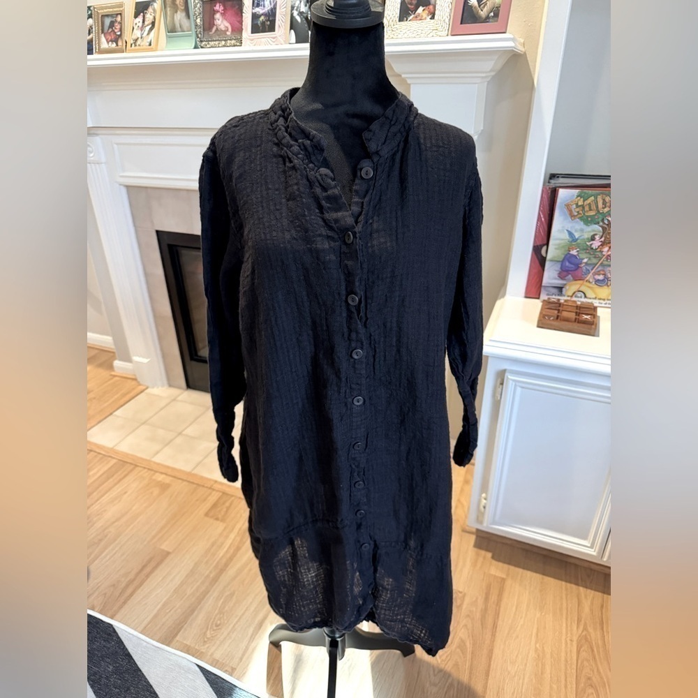 FLAX Long Sleeve Crinkle Gauzy 100% Linen Button Down Long Dress Size Small GUC
